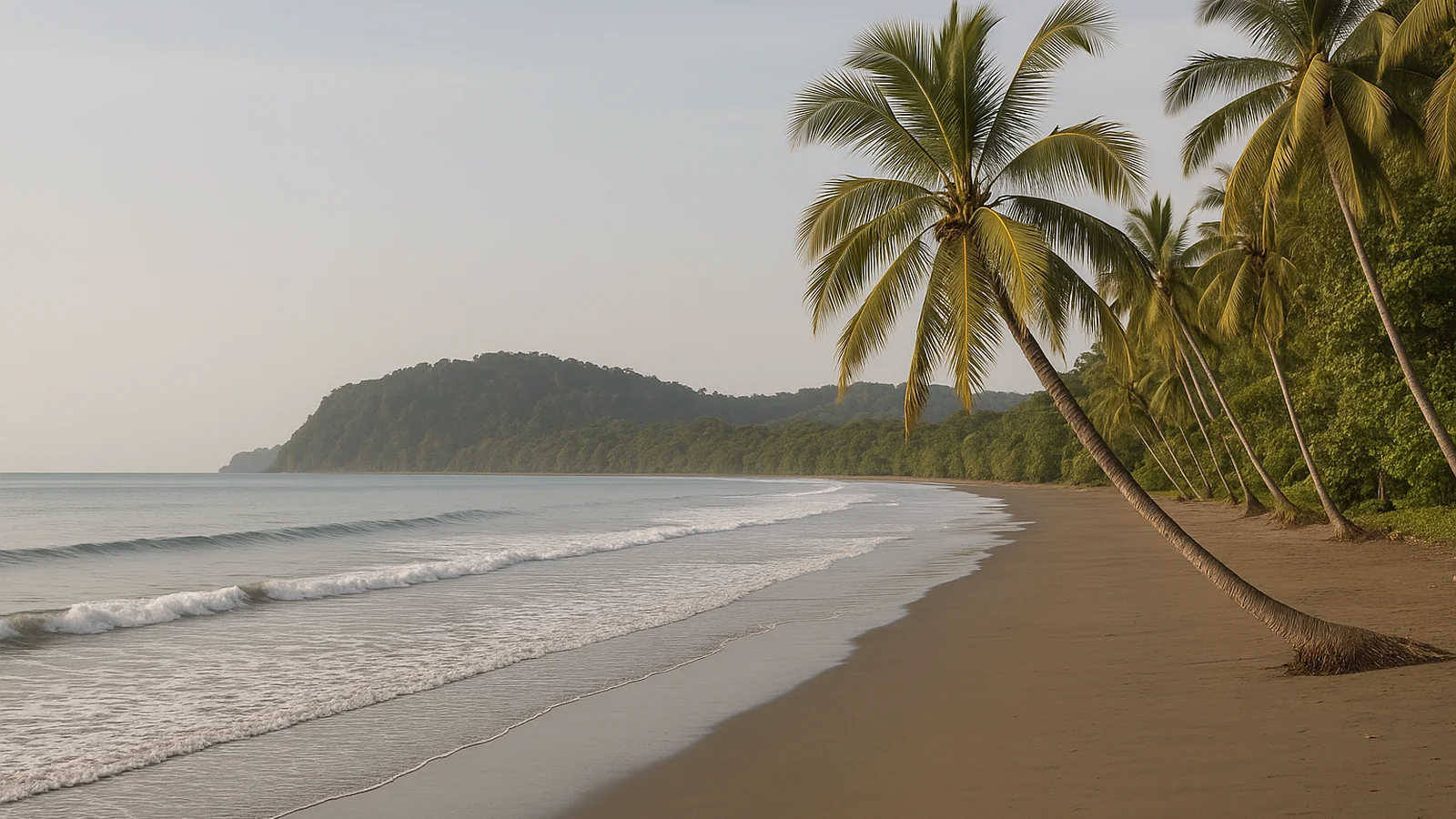 Playa abierta de Dominical con palmeras y arena limpia, Costa Ballena, Pacífico Sur de Costa Rica