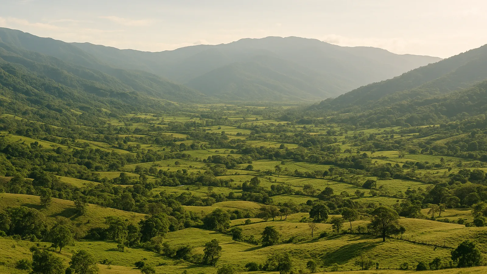 Valle de El General en Pérez Zeledón, con potreros verdes y la cordillera al fondo, Costa Rica