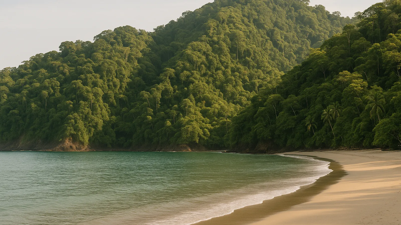 Playa selvática del Pacífico con cerros de bosque tropical que bajan al mar, zona de Manuel Antonio, Costa Rica