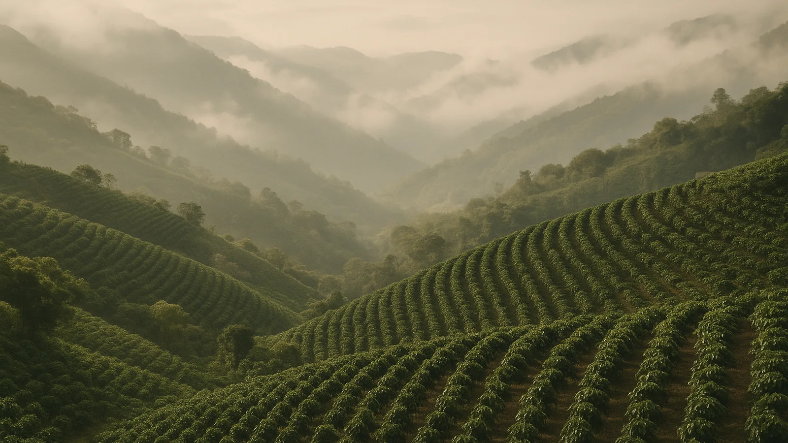 Cafetales de altura en San Vito de Coto Brus, laderas verdes con neblina, tierras altas de Costa Rica